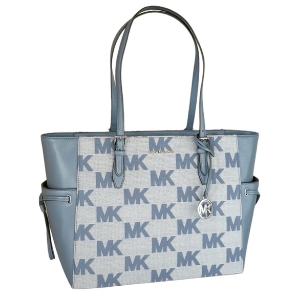 Michael Kors Gilly Large Drawstring Tote Shoulder Bag MK Graphic Logo Denim NWT - Picture 2 of 9